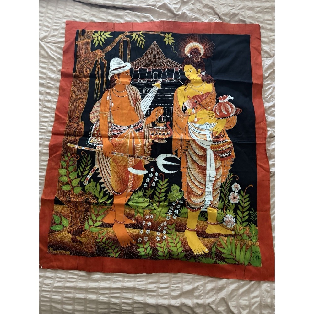 Hindu religious art vintage tapestry of 2 women, orange red, 41x35